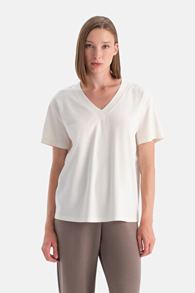 Dagi Ecru V-Neck Short Sleeve T-Shirt