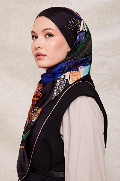 Levidor Eșarfă din mătase twill cu model complex albastru închis