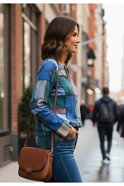 ARONA Women's long sleeve modal blouse with denim-look print and zip-up neckline