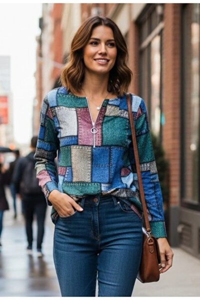 ARONA Women's long sleeve modal blouse with denim-look print and zip-up neckline