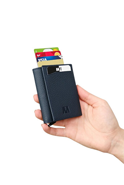 MFT Leather Design محفظة جلدية بآلية ريترو باللون الأزرق الداكن - أصلية غير ل...