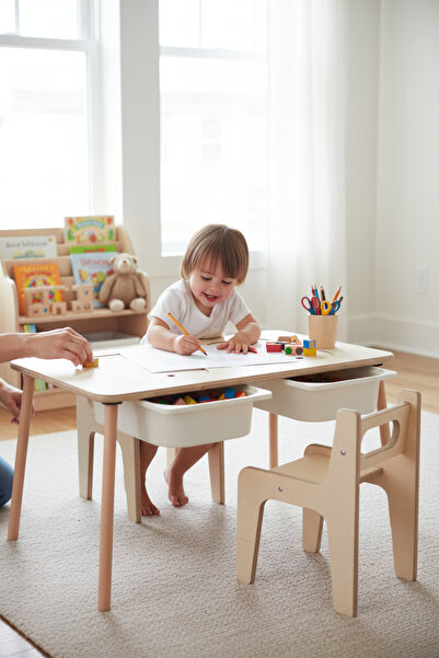 MONTETOYS Ahşap Montessori Oyun Masası | Çift Sandalyeli Oyun Masası | Montes...