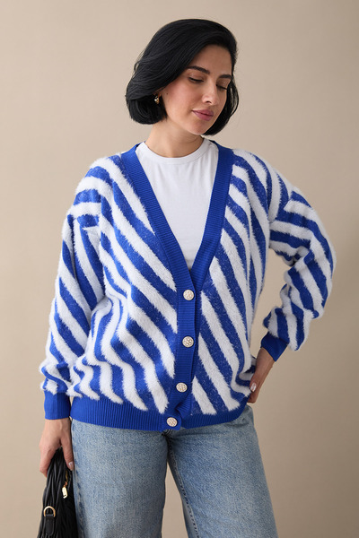 InStyle Tüy Şeritli Kısa Mavi Triko Hırka