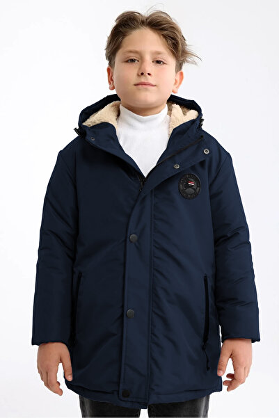 QAWWA Erkek Çocuk Lacivert Kapüşonlu İçi Kürklü Elyaflı Su Ve Rüzgar Geçirmez Kışlık Mont&Kaban&Parka