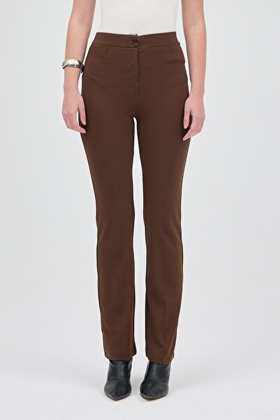 Rays Kahve Straight/Düz Kesim Yüksek Bel Nervür Dikişli Örme Pantolon TCR-6873A