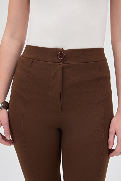 Rays Kahve Straight/Düz Kesim Yüksek Bel Nervür Dikişli Örme Pantolon TCR-6873A