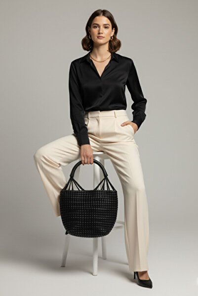 Deriderim Aris Black Knitted Genuine Leather Handbag