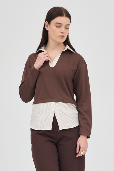 Rays Bluză din tricot cu guler cămașă maro 8241A