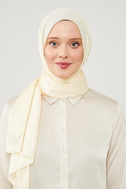 Levidor Krem Yanları Taş Detaylı Kristal Yoryo Şal