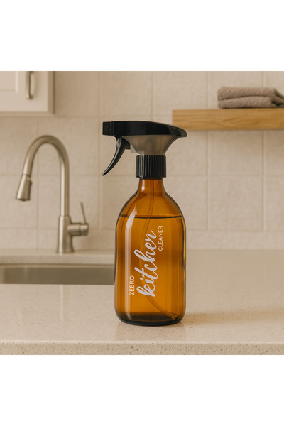 Genel Markalar Sarı Amber Cam Sprey Şişesi - 500ml - Kitchen Cleaner Yazılı Cam Şişe Mutfak Spreyi