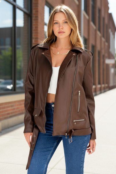 İLKCET MODA Women's Long Bitter Brown Oversize Faux Leather Jacket