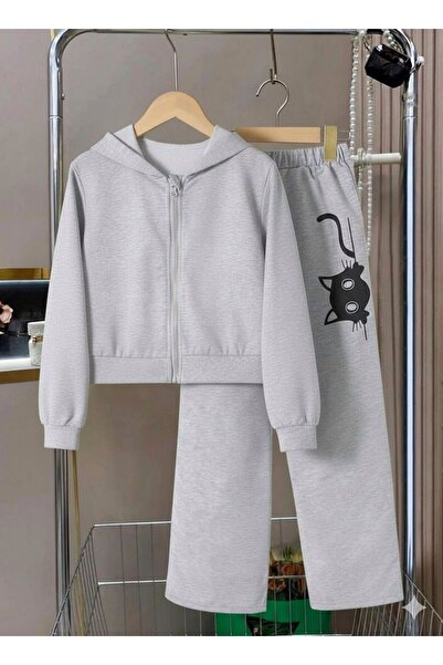 MORNİNG KİDS Girl-Boy Child Gray Hooded Zippered Cardigan -Loose Fit Gray Cat Printed Tracksuit Set