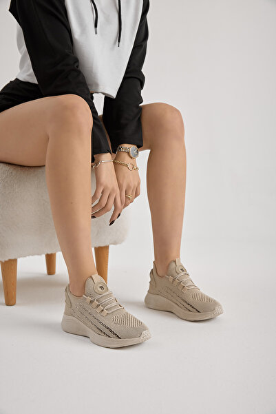 Tonny Black Unisex Bej Termo Taban Şerit Detaylı Bağcıklı Triko Spor Ayakkabı
