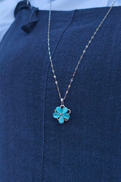 TREND COLLECTİON Stainless Steel Rotating Blue Stone Silver Women's Necklace