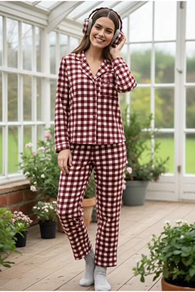 Siyah İnci Burgundy Plaid Patterned Knitted Pocket Detailed Buttoned Cotton Pajama Set7611