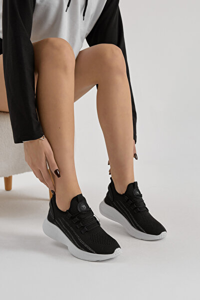 Tonny Black Unisex Siyah Beyaz Termo Taban Şerit Detaylı Bağcıklı Triko Spor Ayakkabı