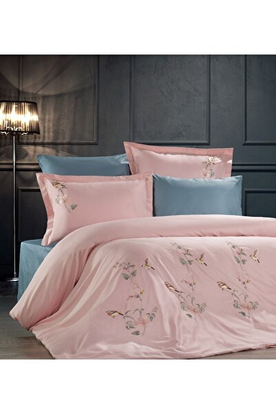 ZEBRACASA Zebra Casa Fonte Nevresim Takımı Nakışlı Çift Kişilik Pudra Petrol