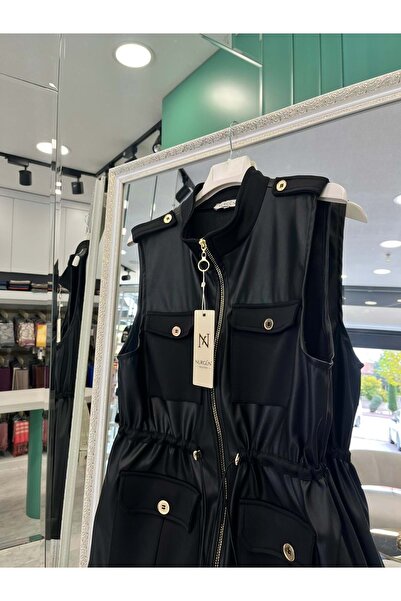 MERAM BUTİK Nurgün Leather Vest with Pocket Detail - Black - 2
