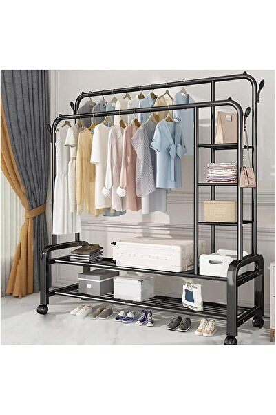 HayaBazaar High-Quality Metal Clothes Rack & Shoe Rack Stand and Black with Wheels,110x55x156cm