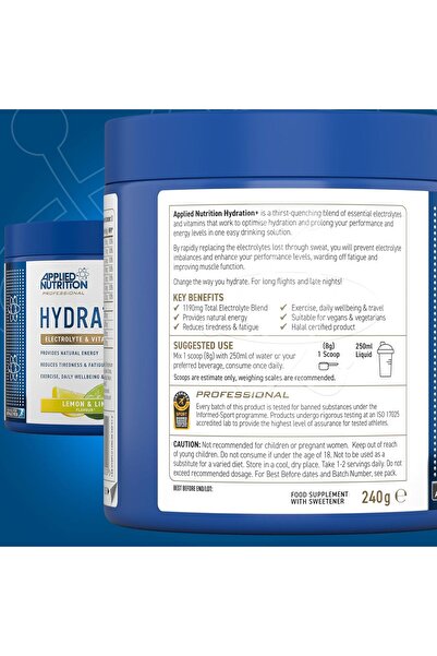 applied nutrition Hydration+ Complete Electrolyte & Vitamin, Lemon Lime, 240 Gm
