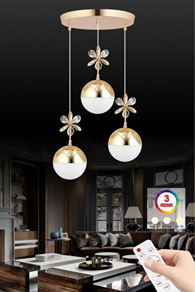 İstanbul Avize Kelebek 3'lü Gold 3 Renk Kademeli Sarkıt Ledli Avize