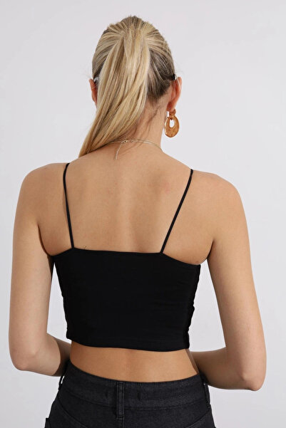 ACTRİS Черна изрязана блуза с бюстие с въжена презрамка - подплатена