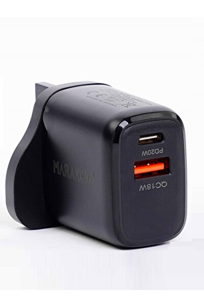 MARAKOKO راس شاحن بقوة 38واط. فيش شاحن بمنفذين (شاحن تايب سي&فيش يو اس بي). كبس شحن سريع وامن .