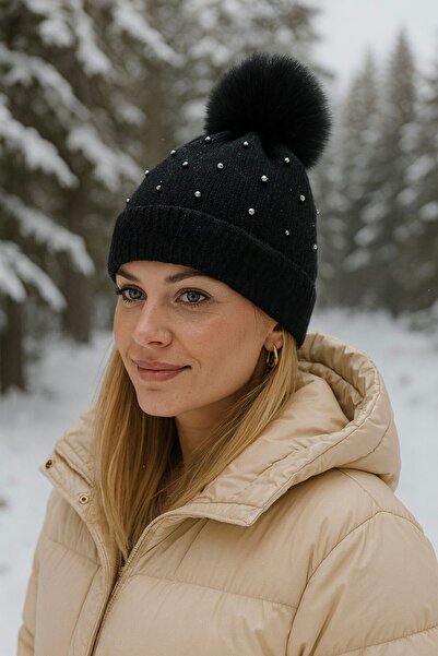 Axesoire 14904 Ponponlu İnci Detaylı Siyah Bere