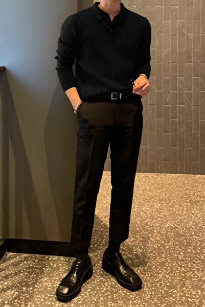 Tarz Cool Siyah Erkek Polo Yaka Fitilli Triko Kazak