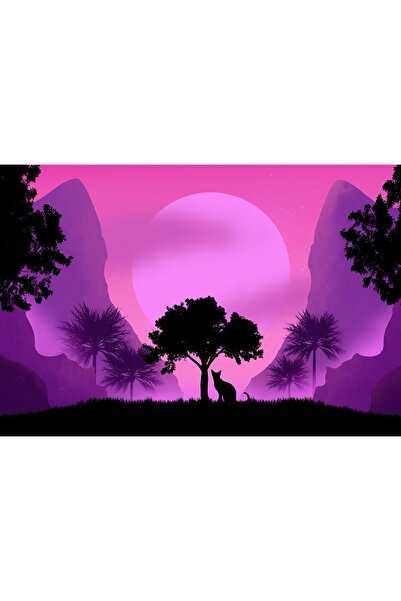 Zumzeria Tablou Canvas Cat Watching Moon Synthwave, 80x50cm, tablou1411,