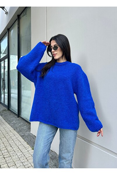 Puella KZK0010 Pulover tricotat pentru femei albastru cobalt cu textura moale guler rotund supradimensionat