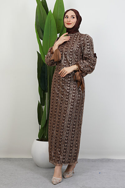 GİZ AGİYİM Pearl Hijab Evening Dress Brown