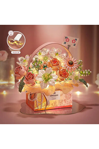 AMAZINGBLOKS مجموعة مكعبات بناء سلة ورد وردية إبداعية، نموذج صندوق هدايا محمول لباقة زهور وردية