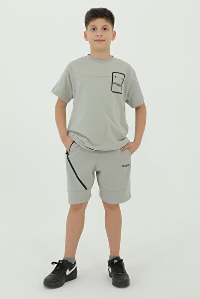 Black One Crew Neck Boy's Print Detailed T-Shirt and Shorts Double Set