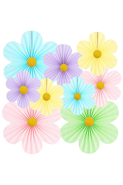 Choice زينة زهور ورقية ملونة مكونة من 9 قطع ومراوح ورقية للحفلات وكرات بوم بو...