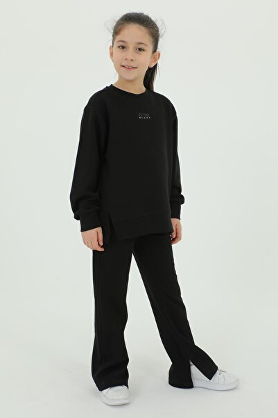 Black One Βαμβακερό σετ φόρμας κοριτσίστικης φόρμας 2 τεμαχίων με τοπ και κάτω μέρος με σκίσιμο στο λαιμό και λεπτομέρεια εκτύπωσης ισπανικού ποδιού