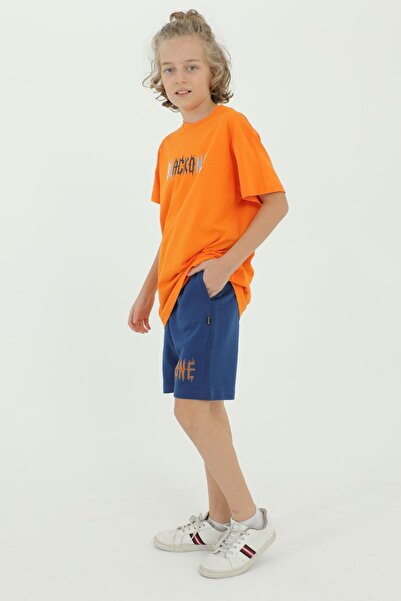 Black One Crew Neck Boy's Print Detailed T-Shirt and Shorts Double Set