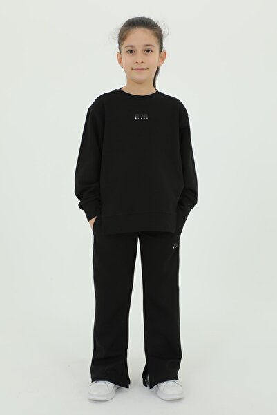 Black One Βαμβακερό σετ φόρμας κοριτσίστικης φόρμας 2 τεμαχίων με τοπ και κάτω μέρος με σκίσιμο στο λαιμό και λεπτομέρεια εκτύπωσης ισπανικού ποδιού