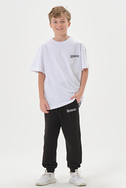 Black One Combed Cotton Single Jersey Fabric Print Detailed Double Pocket Adjustable Waist Elastic Summer Crew Neck Men's Boys