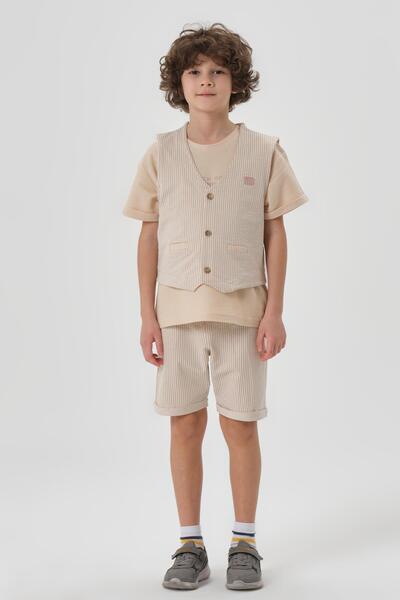 Black One Honeycomb Fabric Print Detailed Boy's Bottom Shorts Top Crew Neck T-shirt Vest Set