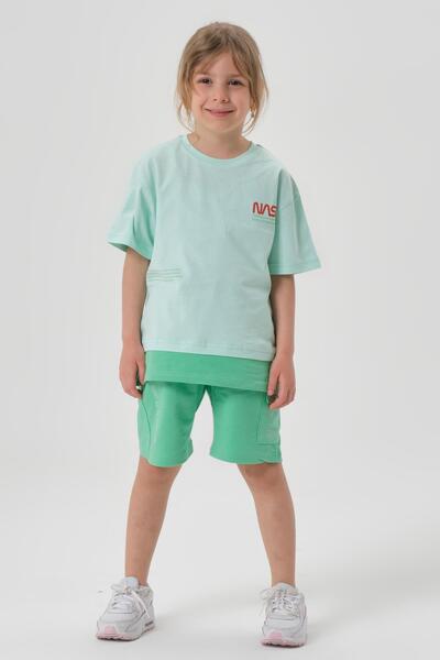 Black One Single Jersey Fabric Summer Print Detailed Pocket and Lanyard Girls' Bottom and Top Set