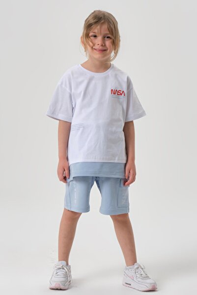 Black One Single Jersey Fabric Summer Print Detailed Pocket and Lanyard Girls' Bottom and Top Set