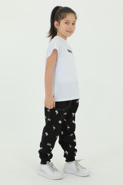 Black One Crew Neck Girl's Print Detailed Cotton Summer T-Shirt Trousers 2-Piece Tracksuit Set