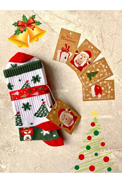 Genel Markalar 2'li Yılbaşı Ağaç Noel Baba Christmas Desenli Hediyelik Kartlı Set Unisex Pamuklu Tenis Kolej Çorap