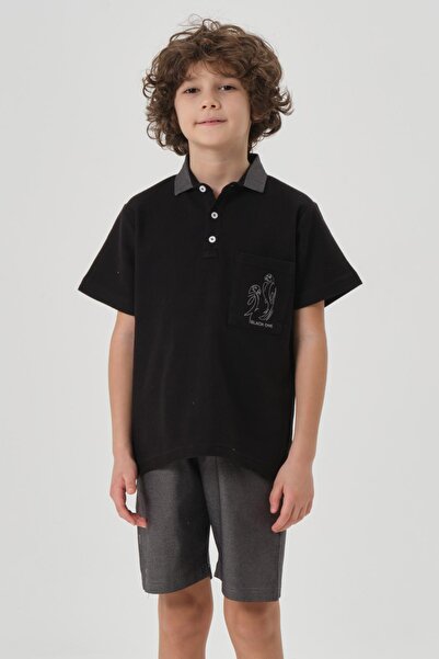 Black One Boy's Cotton Print Detailed Polo Neck T-Shirt Shorts Summer Bottom Top Set