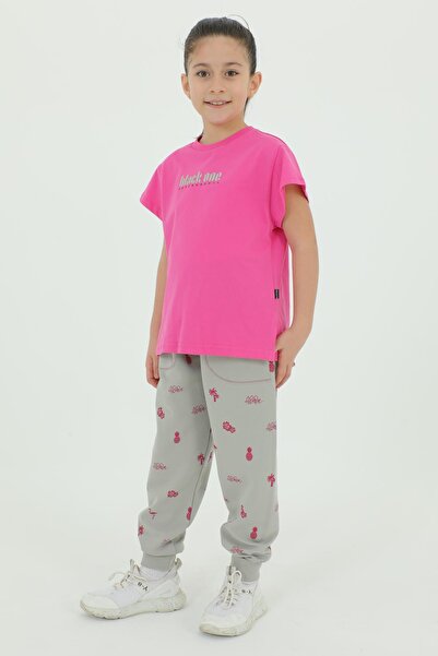 Black One Crew Neck Girl's Print Detailed Cotton Summer T-Shirt Trousers 2-Piece Tracksuit Set