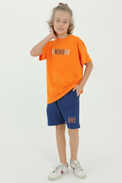 Black One Crew Neck Boy's Print Detailed T-Shirt and Shorts Double Set