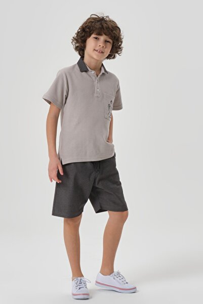 Black One Boy's Cotton Print Detailed Polo Neck T-Shirt Shorts Summer Bottom Top Set