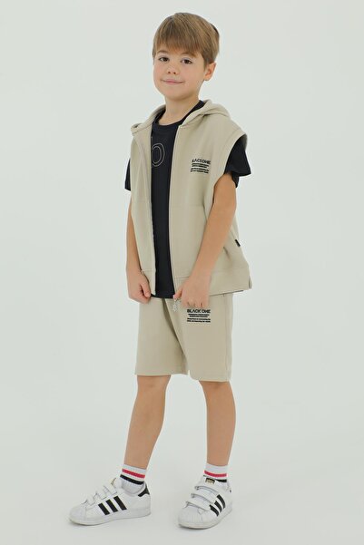 Black One Crew Neck Boy's Vest T-Shirt and Shorts Triple Set