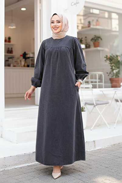 N.S NEVA STYLE Antrasit Tesettür Kot Elbise 19148ANT